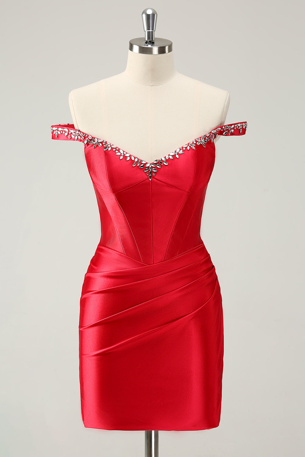 Red Off the Shoulder Ruched Satin Short Homecoming Dress with Beading