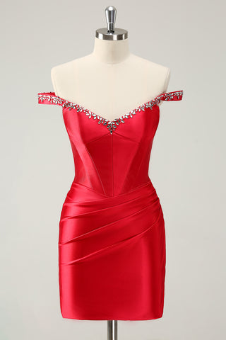Red Off the Shoulder Ruched Satin Short Homecoming Dress with Beading