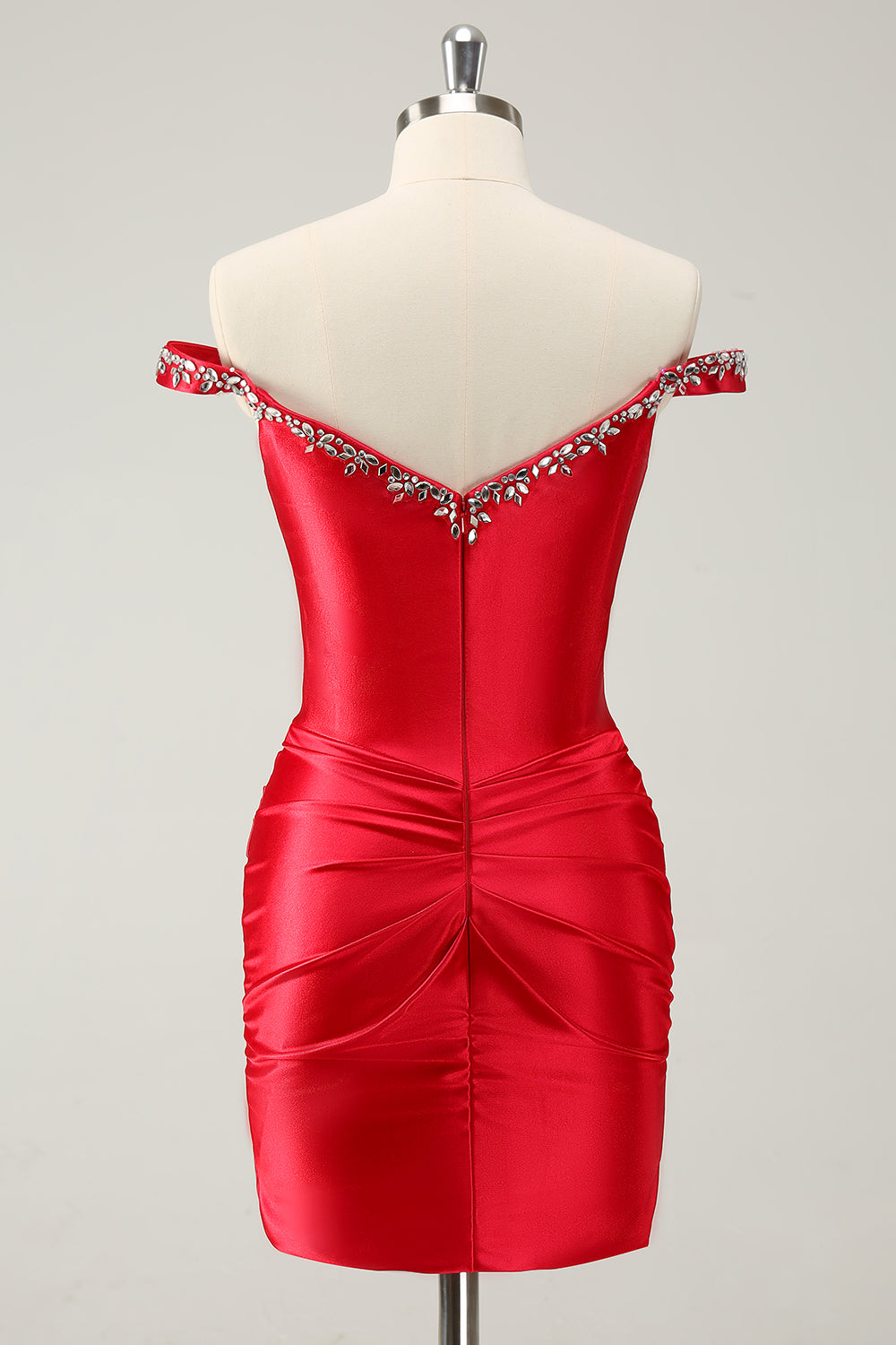 Red Off the Shoulder Ruched Satin Short Homecoming Dress with Beading