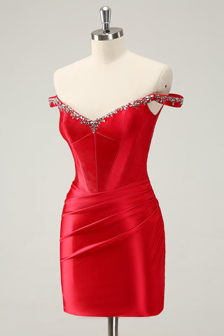 Red Off the Shoulder Ruched Satin Short Homecoming Dress with Beading