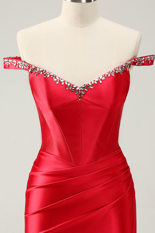 Red Off the Shoulder Ruched Satin Short Homecoming Dress with Beading