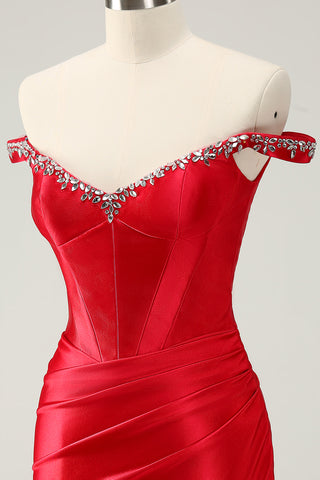 Red Off the Shoulder Ruched Satin Short Homecoming Dress with Beading