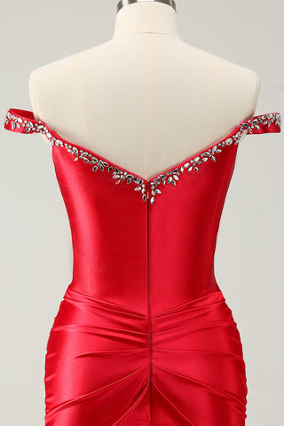 Red Off the Shoulder Ruched Satin Short Homecoming Dress with Beading