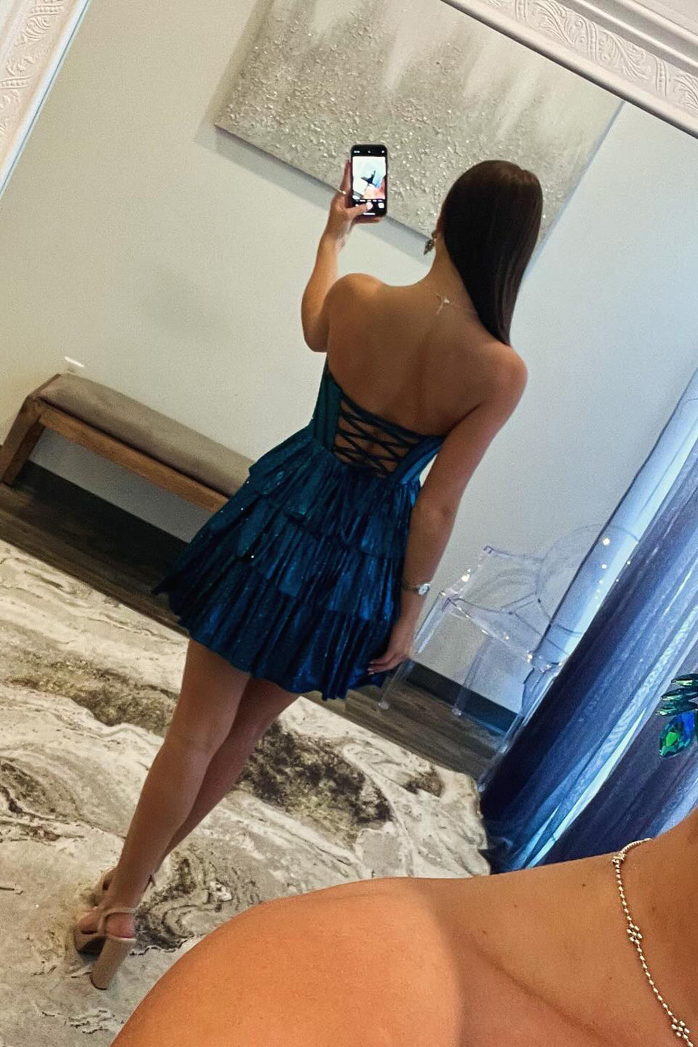 Peacock Blue Strapless A-Line Tiered Short Corset Homecoming Dress with Beading