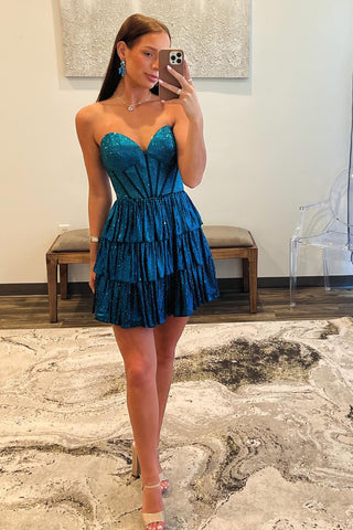Peacock Blue Strapless A-Line Tiered Short Corset Homecoming Dress with Beading