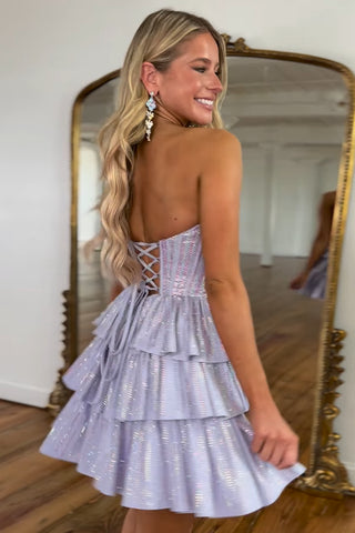 Lilac Strapless A-Line Tiered Short Corset Homecoming Dress with Beading