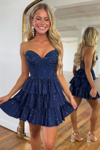Lilac Strapless A-Line Tiered Short Corset Homecoming Dress with Beading