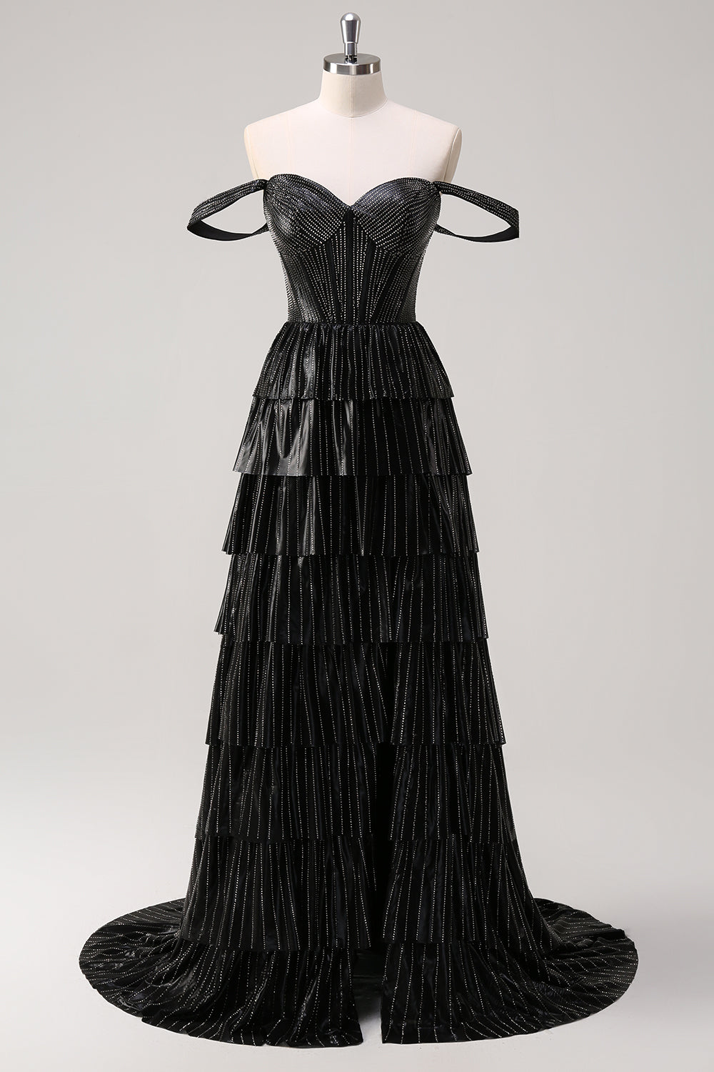 Glitter Black Off the Shoulder A-Line Tiered Long Corset Prom Dress with Beading