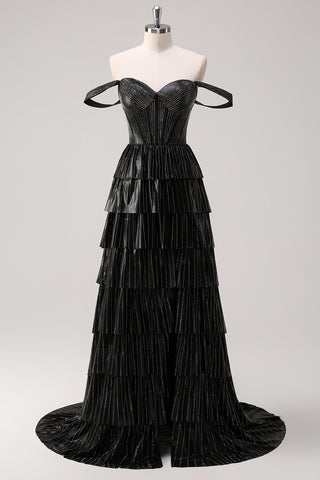 Glitter Black Off the Shoulder A-Line Tiered Long Corset Prom Dress with Beading
