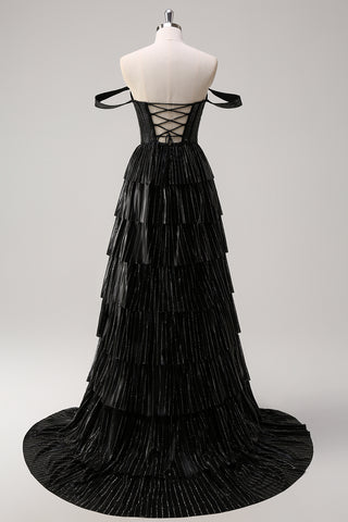 Glitter Black Off the Shoulder A-Line Tiered Long Corset Prom Dress with Beading