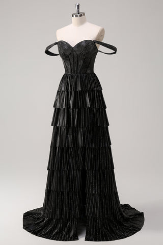 Glitter Black Off the Shoulder A-Line Tiered Long Corset Prom Dress with Beading