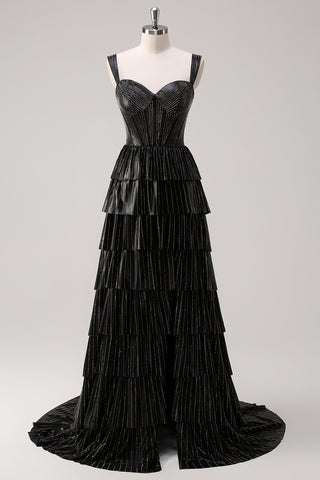 Glitter Black Off the Shoulder A-Line Tiered Long Corset Prom Dress with Beading