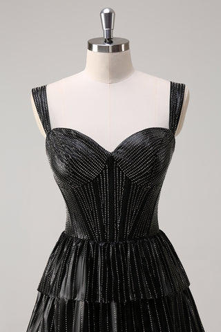 Glitter Black Off the Shoulder A-Line Tiered Long Corset Prom Dress with Beading