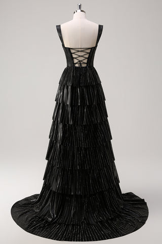 Glitter Black Off the Shoulder A-Line Tiered Long Corset Prom Dress with Beading