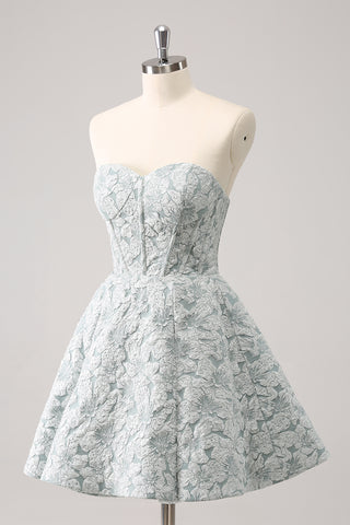 Grey Green Strapless A-Line Printed Corset Homecoming Dress 