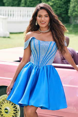 Trendy Blue Off the Shoulder A-Line Satin Corset Homecoming Dress with Beading