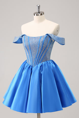 Blue Off the Shoulder A-Line Satin Corset Homecoming Dress with Beading
