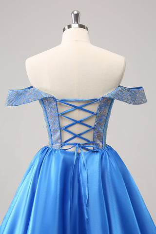 Blue Off the Shoulder A-Line Satin Corset Homecoming Dress with Beading