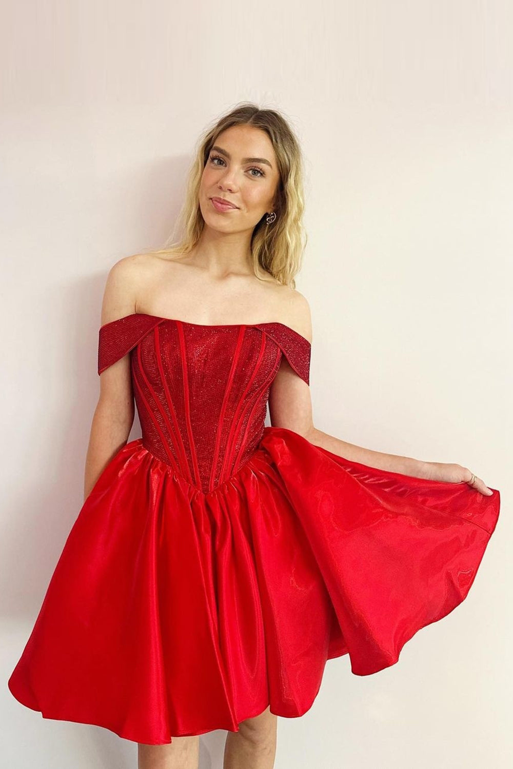 Blue Off the Shoulder A-Line Satin Corset Homecoming Dress with Beading