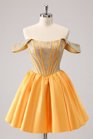 Blue Off the Shoulder A-Line Satin Corset Homecoming Dress with Beading