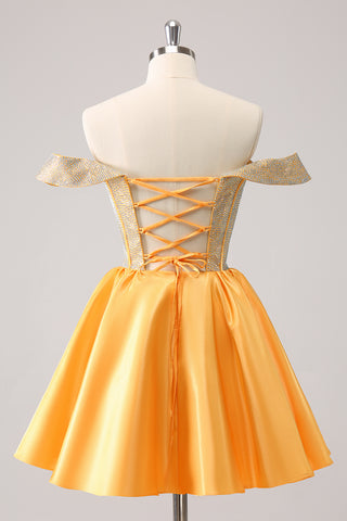 Blue Off the Shoulder A-Line Satin Corset Homecoming Dress with Beading