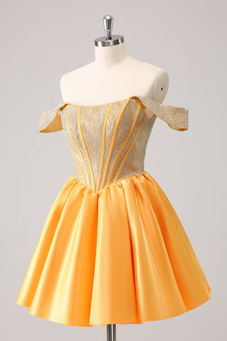 Blue Off the Shoulder A-Line Satin Corset Homecoming Dress with Beading