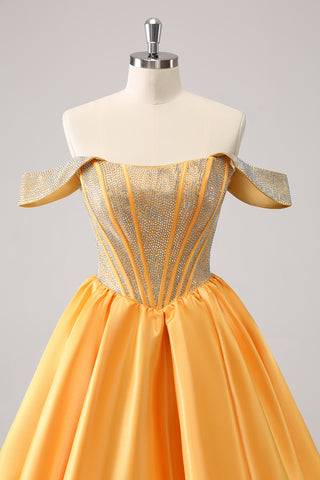 Blue Off the Shoulder A-Line Satin Corset Homecoming Dress with Beading
