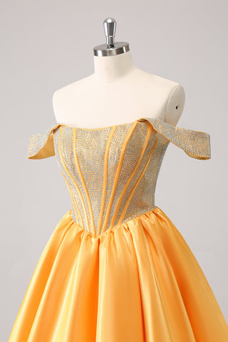 Blue Off the Shoulder A-Line Satin Corset Homecoming Dress with Beading