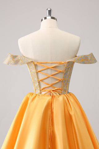 Blue Off the Shoulder A-Line Satin Corset Homecoming Dress with Beading