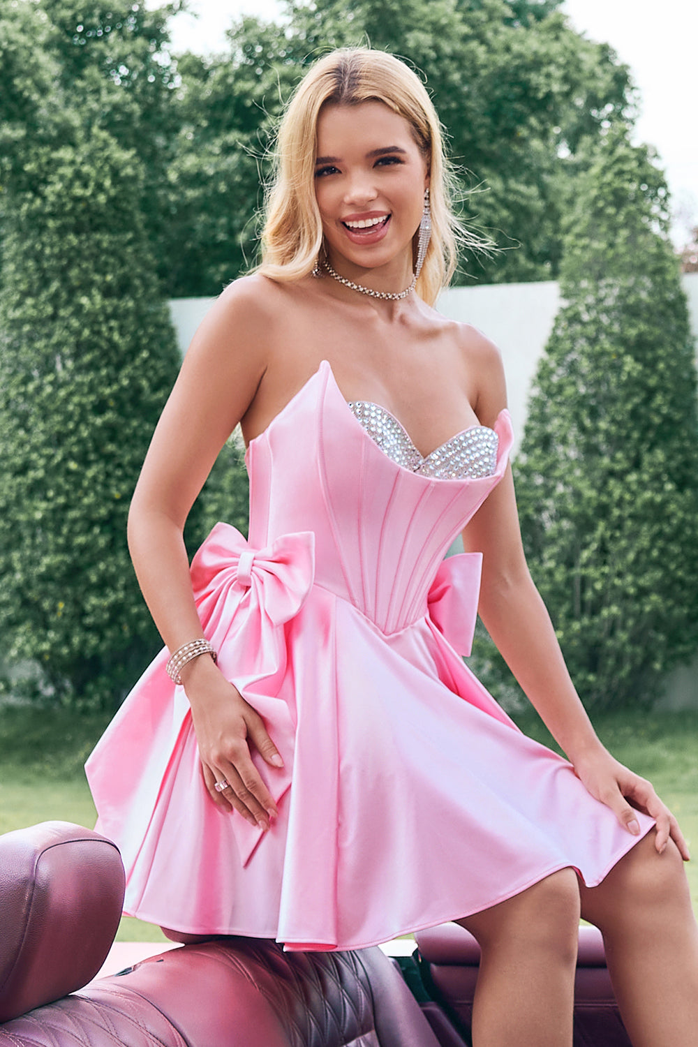 Pink Strapless A-Line Satin Short Corset Homecoming Dress with Bow