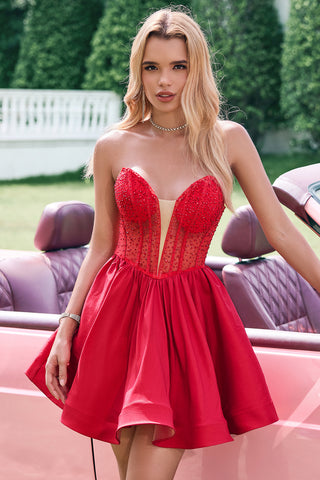 Red Strapless Satin A-Line Short Corset Homecoming Dress with Beading
