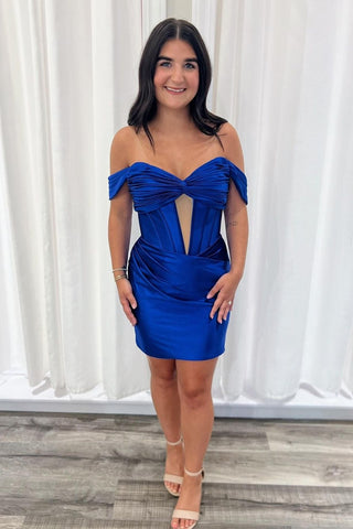 [Copy]Dark Green Off the Shoulder Satin Bodycon Ruched Homecoming Dress