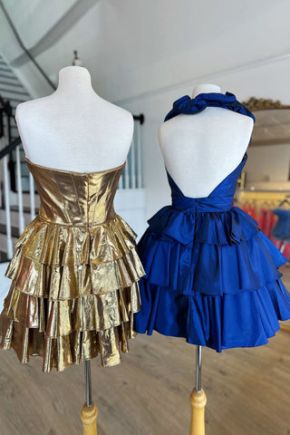 Red Deep V-neck A-Line Satin Short Homecoming Dress with Ruffles