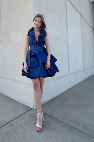 Red Deep V-neck A-Line Satin Short Homecoming Dress with Ruffles