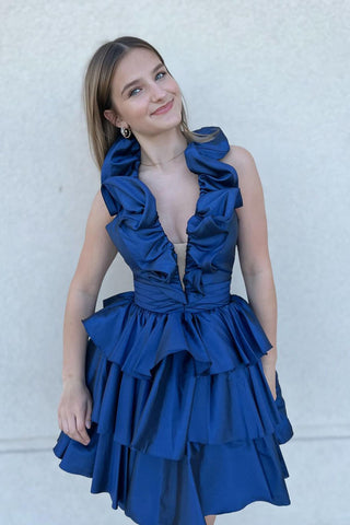 Red Deep V-neck A-Line Satin Short Homecoming Dress with Ruffles