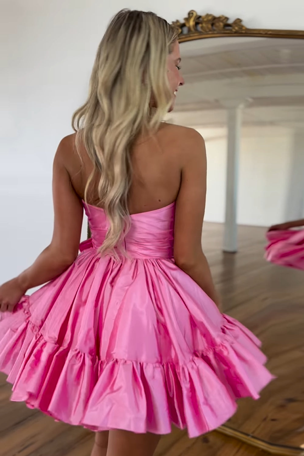 Trendy Pink Strapless A-Line Satin Short Homecoming Dress with Bow