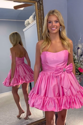 Dark Green Strapless A-Line Satin Short Homecoming Dress with Bow