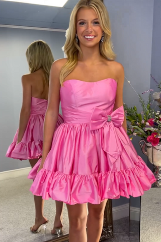 Dark Green Strapless A-Line Satin Short Homecoming Dress with Bow
