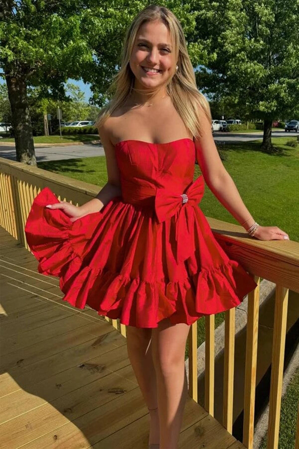 Trendy Pink Strapless A-Line Satin Short Homecoming Dress with Bow