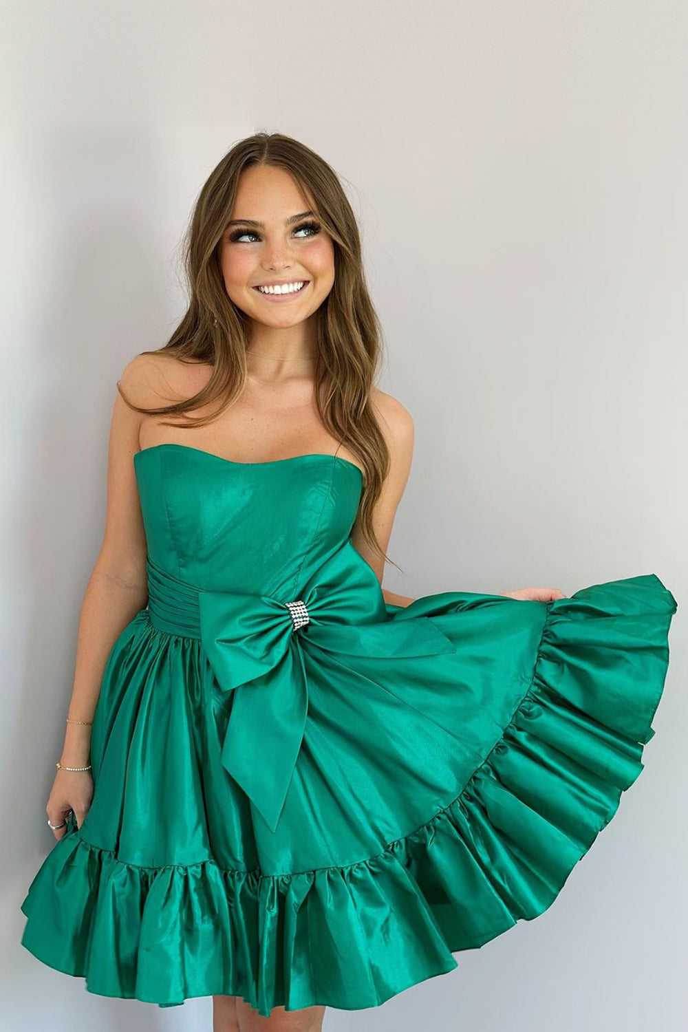 Dark Green Strapless A-Line Satin Short Homecoming Dress with Bow