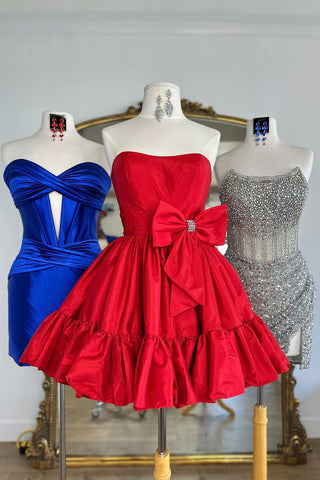 Dark Green Strapless A-Line Satin Short Homecoming Dress with Bow