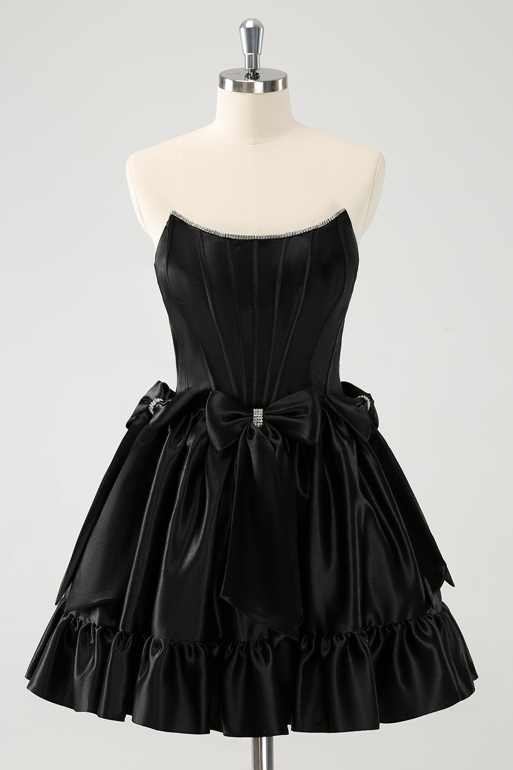 Trendy Black Strapless A-Line Satin Short Homecoming Dress with Bow