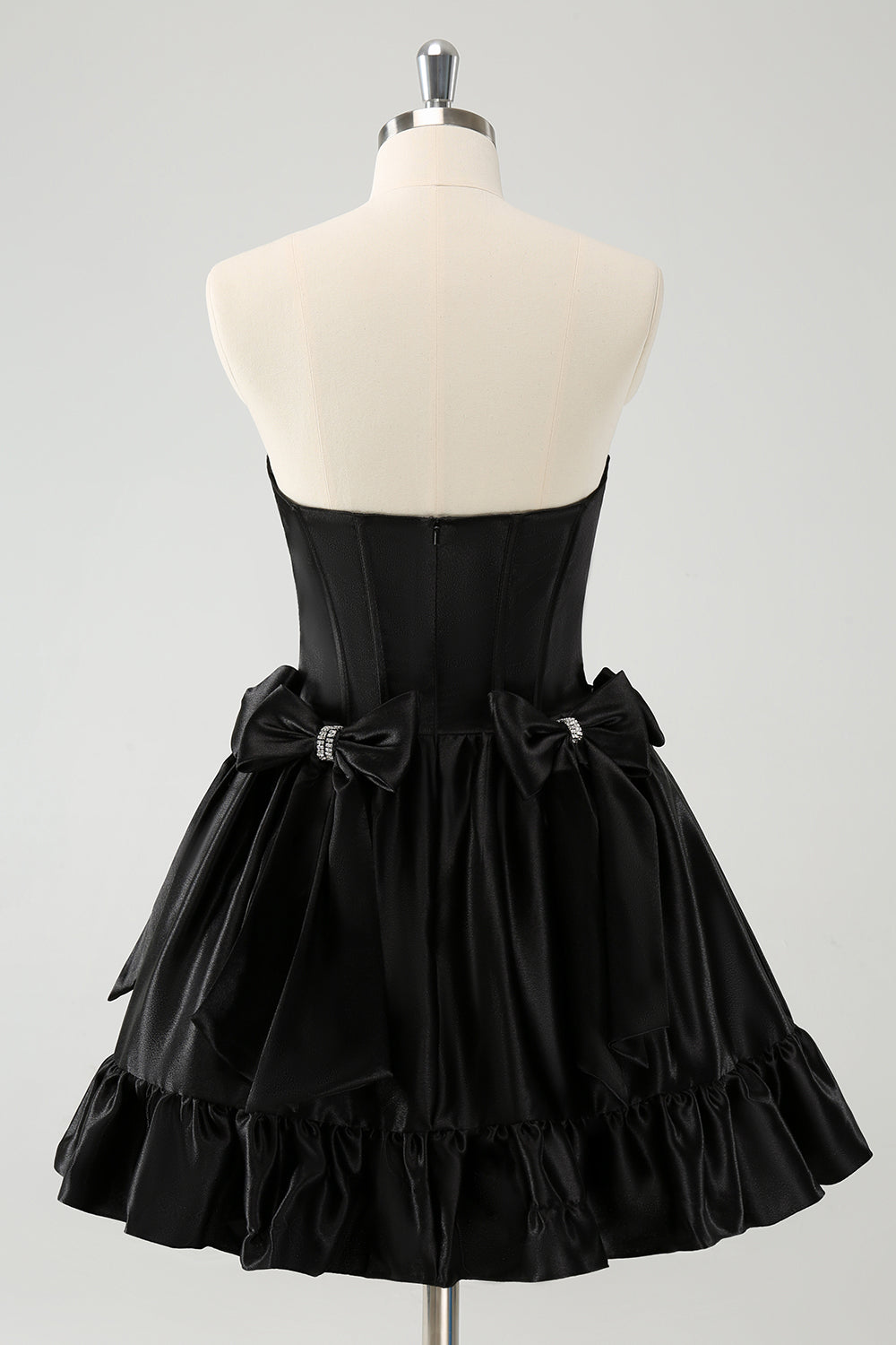 Trendy Black Strapless A-Line Satin Short Homecoming Dress with Bow