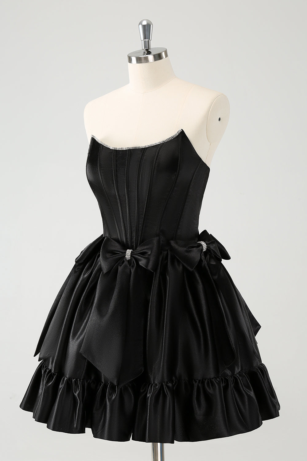 Trendy Black Strapless A-Line Satin Short Homecoming Dress with Bow