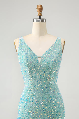Dark Blue V-neckl Sequins Fringe Bodycon Short Homecoming Dress