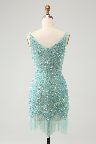 Dark Blue V-neckl Sequins Fringe Bodycon Short Homecoming Dress