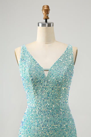 Dark Blue V-neckl Sequins Fringe Bodycon Short Homecoming Dress