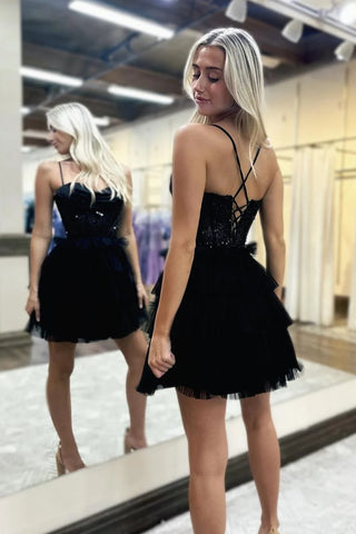 Peacock Blue Spaghetti Straps A-Line Tulle Tiered Corset Homecoming Dress 