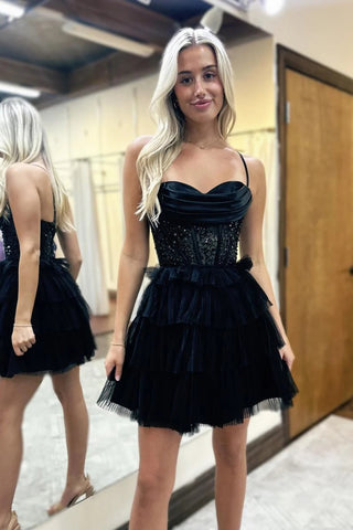 Peacock Blue Spaghetti Straps A-Line Tulle Tiered Corset Homecoming Dress 