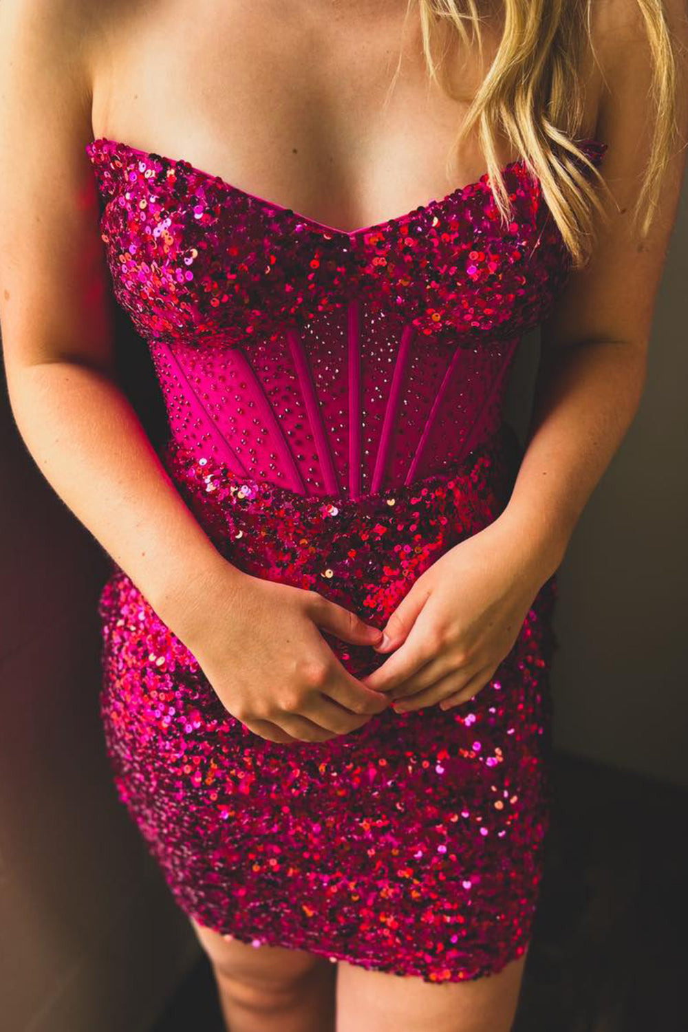 Sparkly Fuchsia Strapless Bodycon Sequins Short Corset Homecoming Dress with Beading